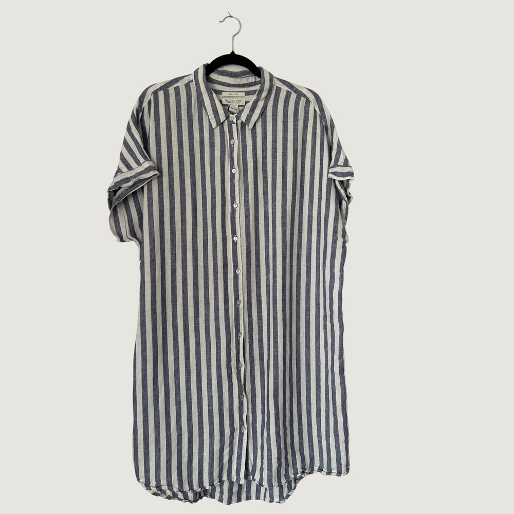 Rachel Zoe Shirt Dress Womens 1X Blue Stripe 100% Linen Short Sleeve Button Down